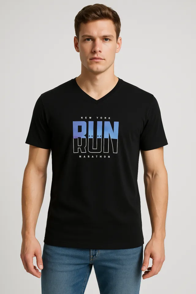 Tricou bărbați cu imprimeu RUN– croială lejeră-negru