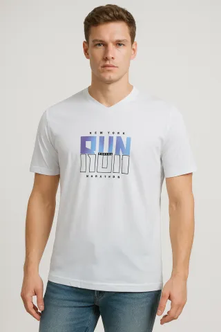 Tricou bărbați cu imprimeu RUN– croială lejeră-alb