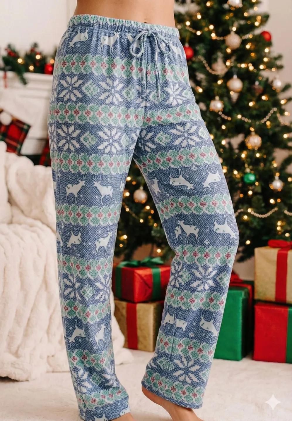 Pantaloni lungi damă de Crăciun albaștri cu model reni – 100% bumbac - 1