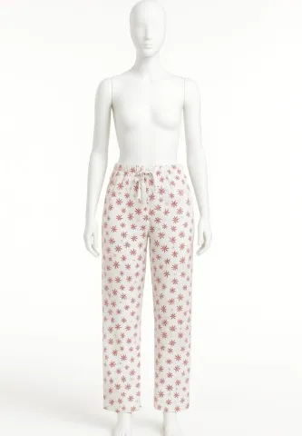 Pantaloni lungi damă de Crăciun albi cu model fulgi de zăpadă – 100% bumbac