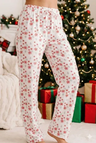 Pantaloni lungi damă de Crăciun albi cu model fulgi de zăpadă – 100% bumbac