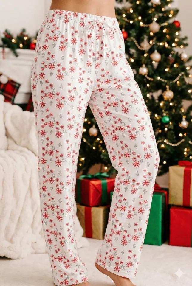 Pantaloni lungi damă de Crăciun albi cu model fulgi de zăpadă – 100% bumbac