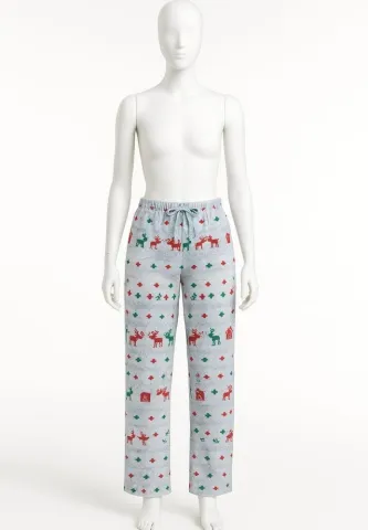 Pantaloni lungi damă de Crăciun gri cu model urs polar și ren – 100% bumbac