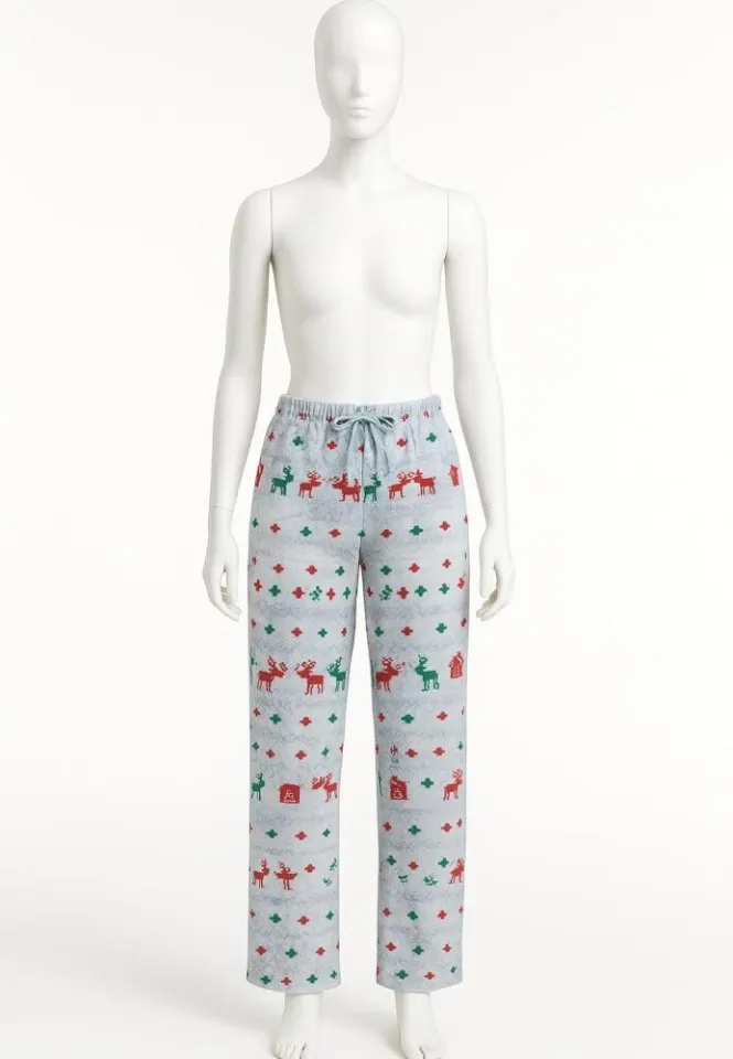 Pantaloni lungi damă de Crăciun gri cu model urs polar și ren – 100% bumbac