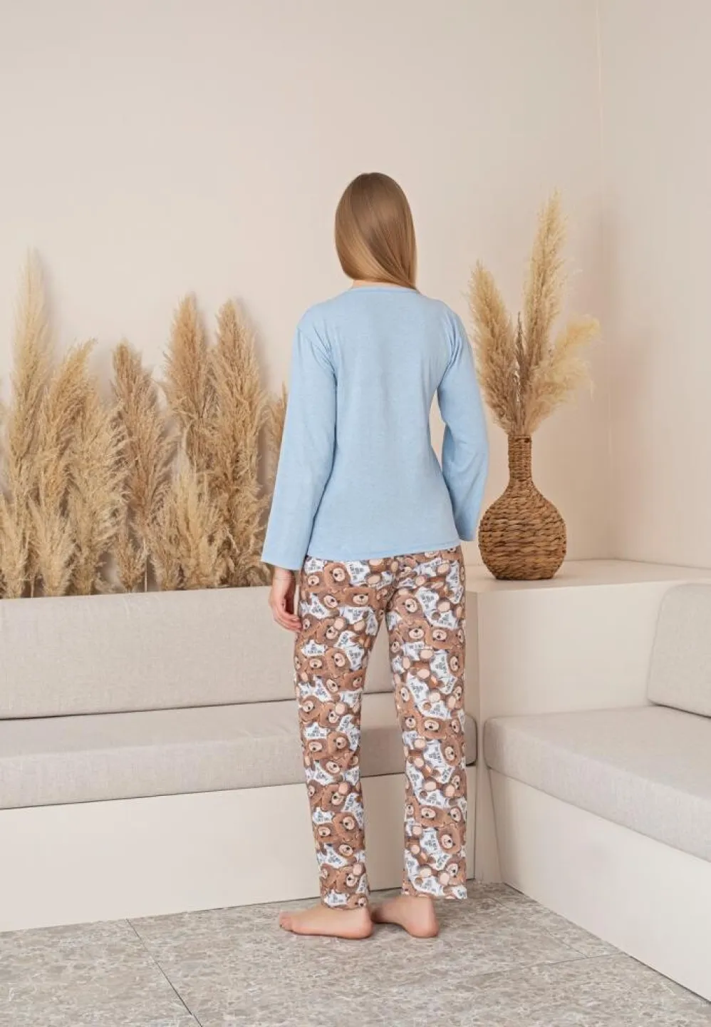 Pijama damă toamnă-iarnă bleu cu imprimeu „GOOD things ARE COMING” și pantaloni cu ursuleți - 2