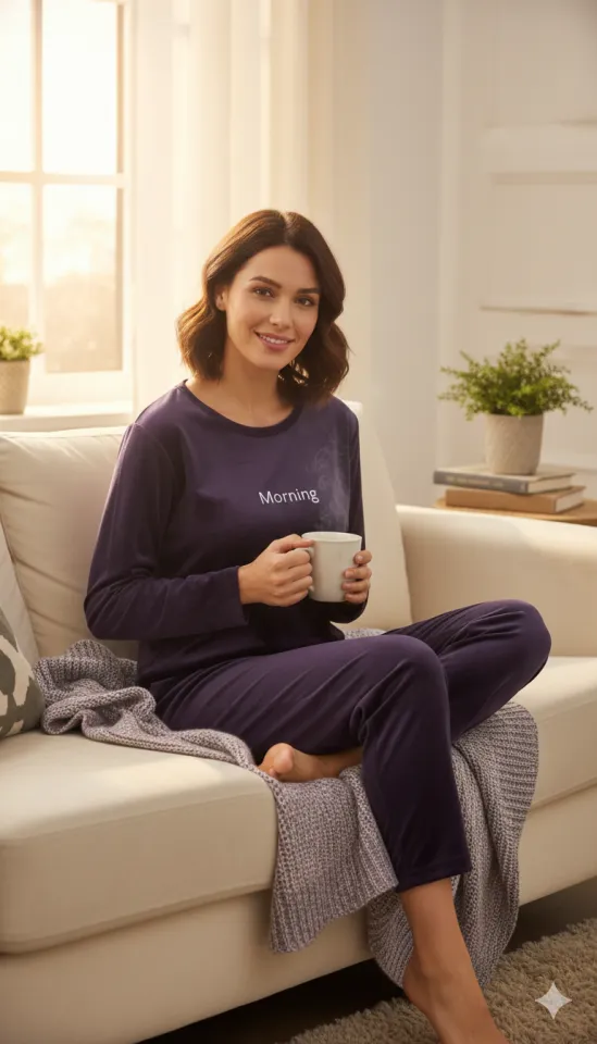 Pijama damă toamnă-iarnă mov din catifea cu imprimeu „Morning”