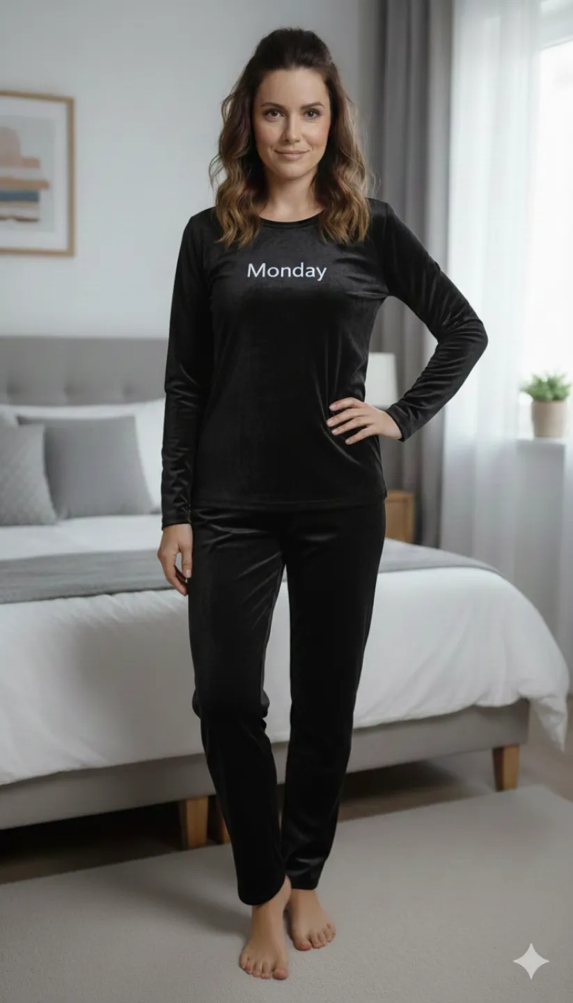 Pijama damă toamnă-iarnă neagră din catifea cu imprimeu „Monday” - 1