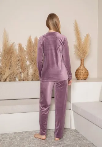 Pijama damă toamnă-iarnă roz pudră din catifea cu imprimeu „AWE” hover