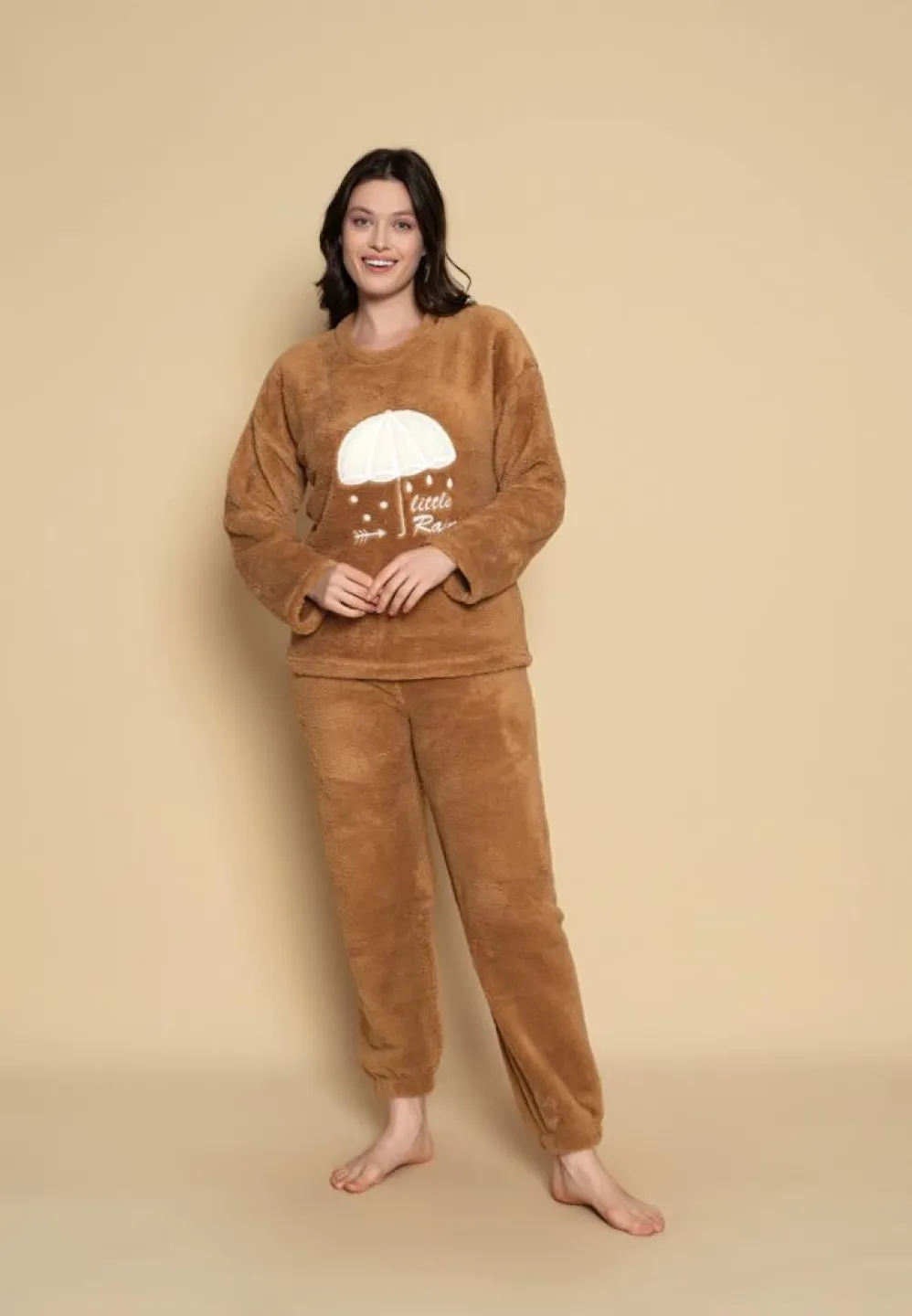 Pijama damă „COCOLINO” maro cu imprimeu „Little Rain” - 1