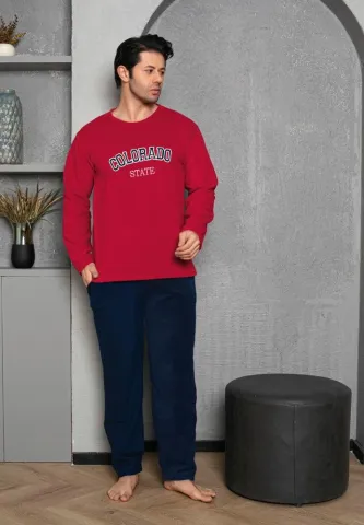 Pijama bărbați pentru sezonul rece roșu & bleumarin „COLORADO STATE” – material polar