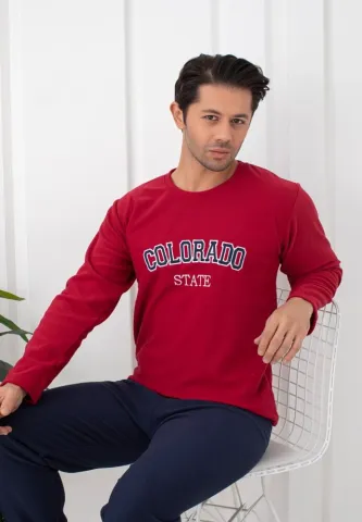 Pijama bărbați pentru sezonul rece vișiniu & bleumarin „COLORADO STATE” – material polar hover