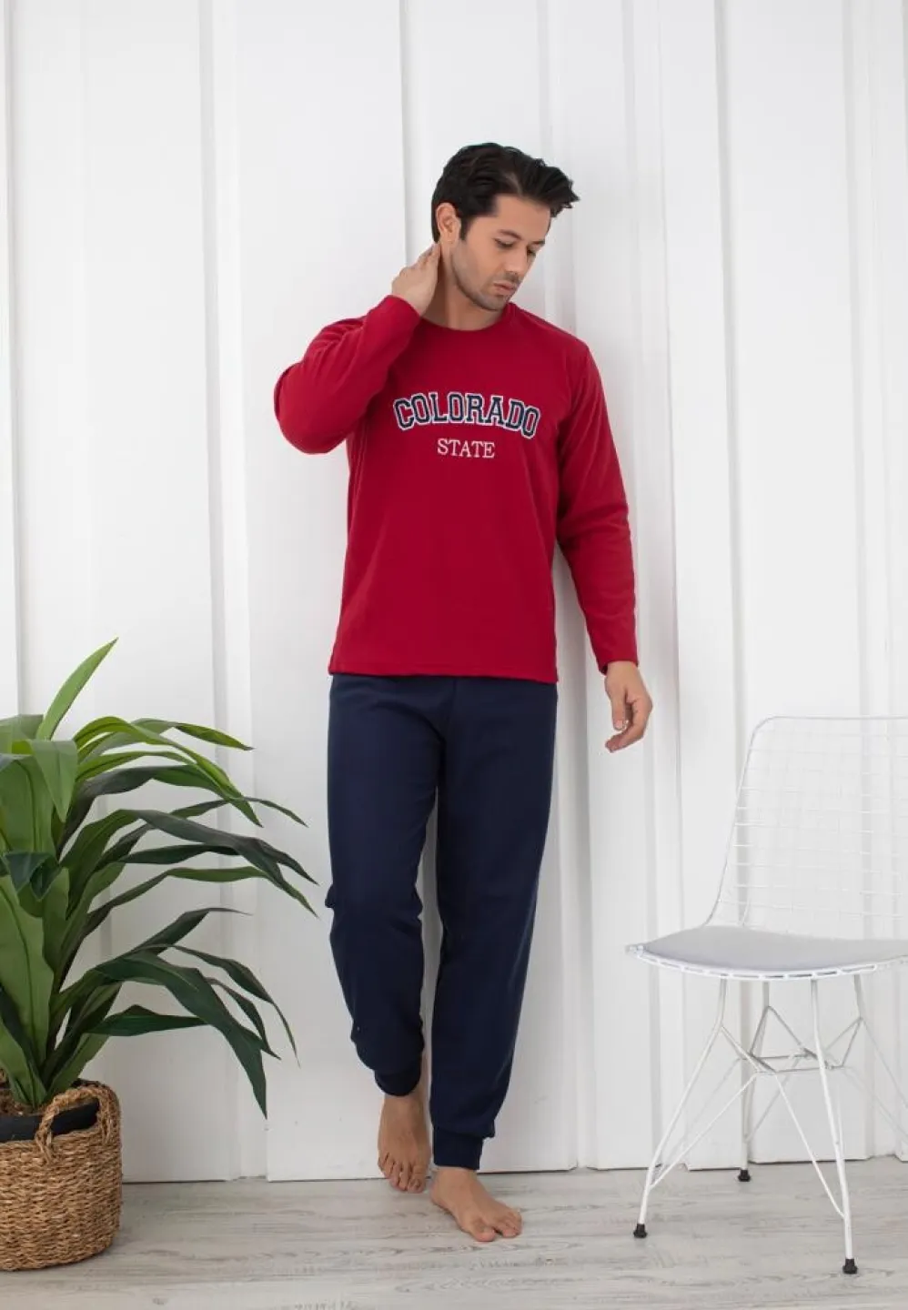 Pijama bărbați pentru sezonul rece vișiniu & bleumarin „COLORADO STATE” – material polar - 1