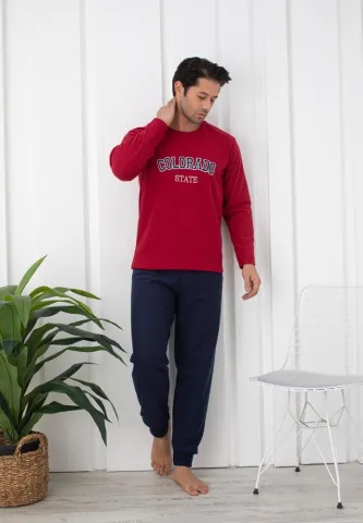 Pijama bărbați pentru sezonul rece vișiniu & bleumarin „COLORADO STATE” – material polar