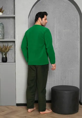 Pijama bărbați pentru sezonul rece verde deschis & verde închis „NEED MORE SLEEP” – material polar hover