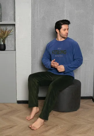 Pijama bărbați pentru sezonul rece albastru & verde închis „STAY STRONG And Never Give Up” – material polar hover