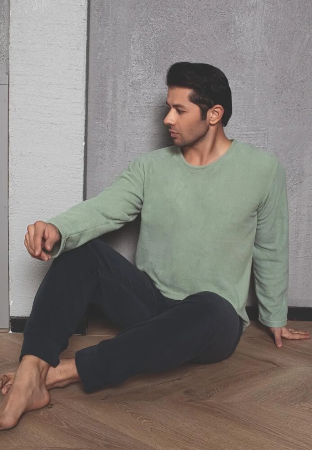 Pijama bărbați pentru sezonul rece verde deschis & bleumarin – material polar - 2