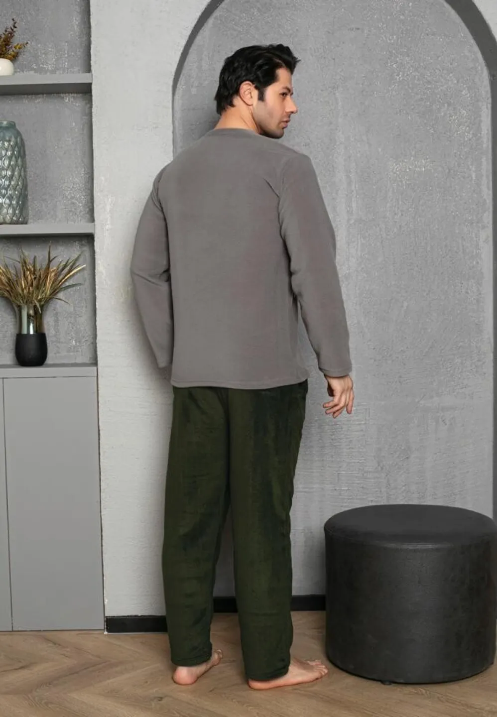 Pijama bărbați pentru sezonul rece gri deschis & negru „STRONG STAY” – material polar - 3