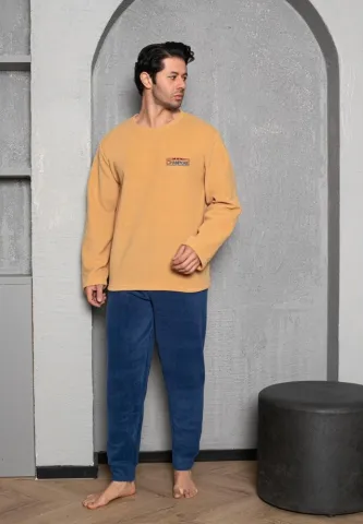 Pijama bărbați pentru sezonul rece galben & albastru „WE ARE THE CHAMPIONS” – material polar