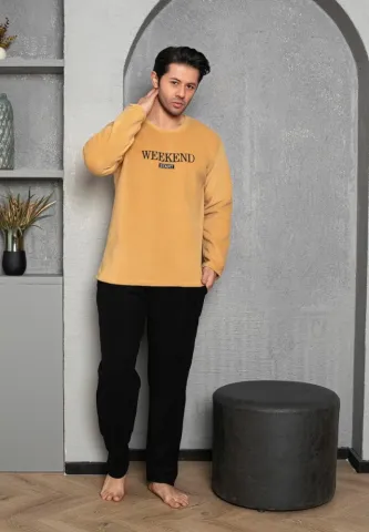 Pijama bărbați pentru sezonul rece muștar & negru „WEEKEND START” – material polar
