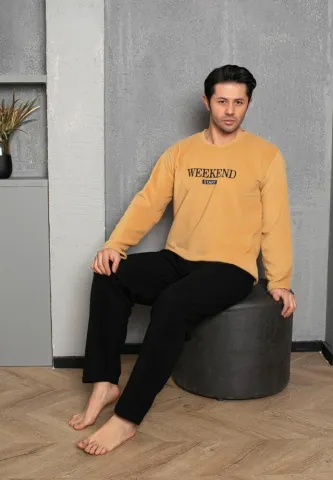 Pijama bărbați pentru sezonul rece muștar & negru „WEEKEND START” – material polar hover
