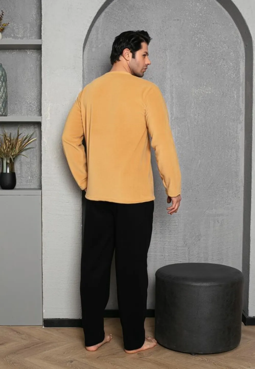 Pijama bărbați pentru sezonul rece muștar & negru „WEEKEND START” – material polar - 3