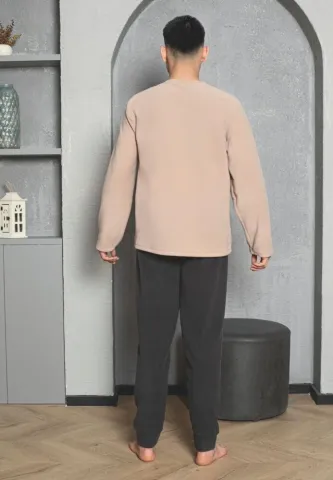 Pijama bărbați pentru sezonul rece crem & gri închis „DON’T QUIT” – material polar hover