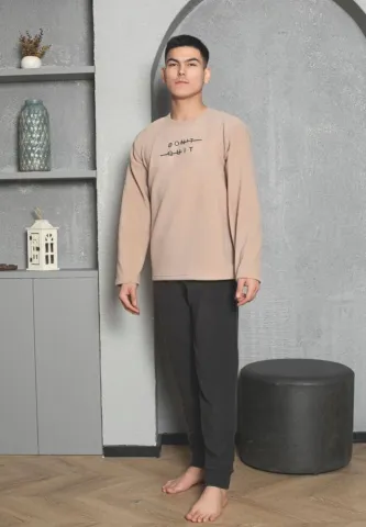 Pijama bărbați pentru sezonul rece crem & gri închis „DON’T QUIT” – material polar