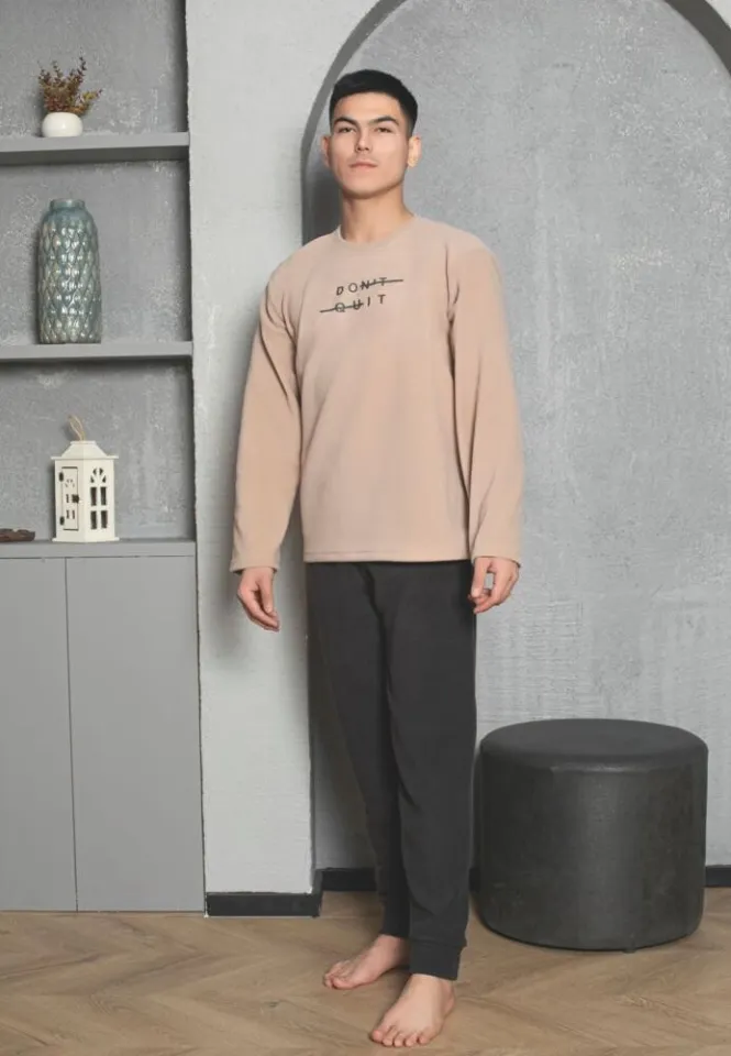 Pijama bărbați pentru sezonul rece crem & gri închis „DON’T QUIT” – material polar