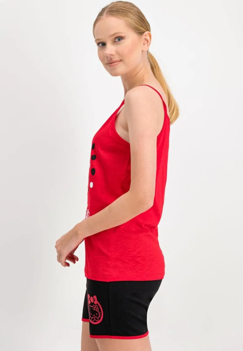 Pijama damă „Hello Kitty” – maiou roșu și pantaloni scurți negri, 100% bumbac - 2