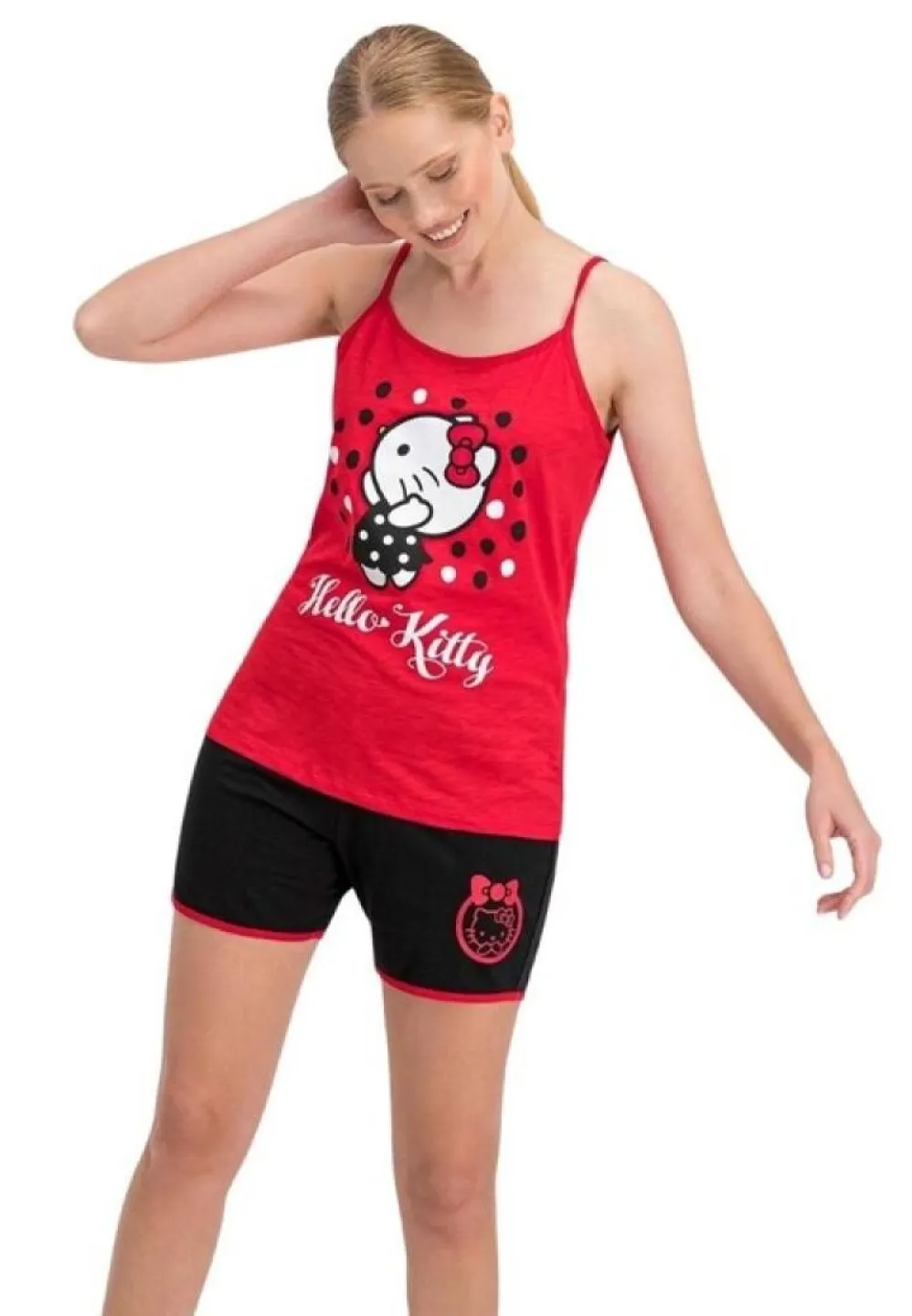 Pijama damă „Hello Kitty” – maiou roșu și pantaloni scurți negri, 100% bumbac - 1