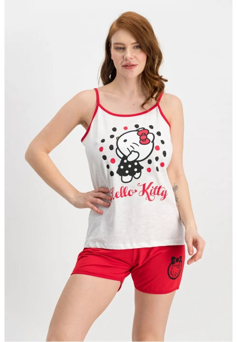 Pijama damă „Hello Kitty” – maiou alb și pantaloni scurți roșii, 100% bumbac - 1