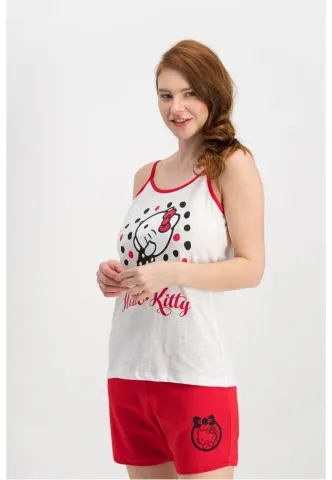 Pijama damă „Hello Kitty” – maiou alb și pantaloni scurți roșii, 100% bumbac hover