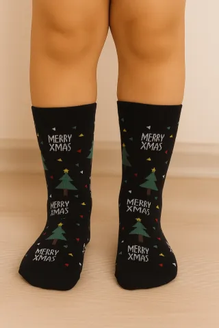 Set 3 perechi șosete bărbați Crăciun – negre cu brazi și inscripția „Merry Xmas”