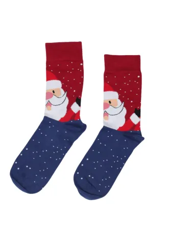 Șosete lungi bărbați roșu cu bleumarin, imprimeu Moș Crăciun