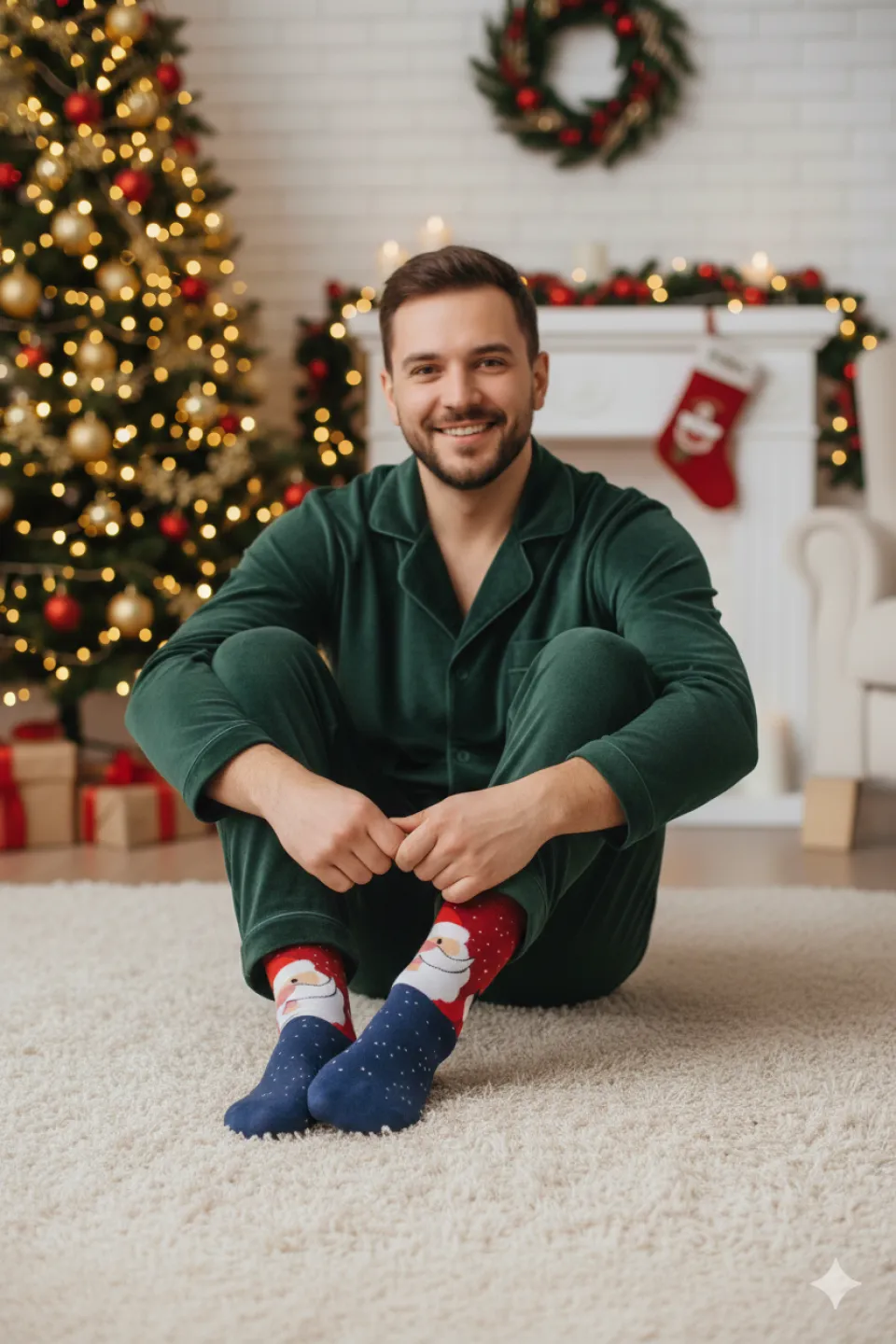 Șosete lungi bărbați roșu cu bleumarin, imprimeu Moș Crăciun - 1