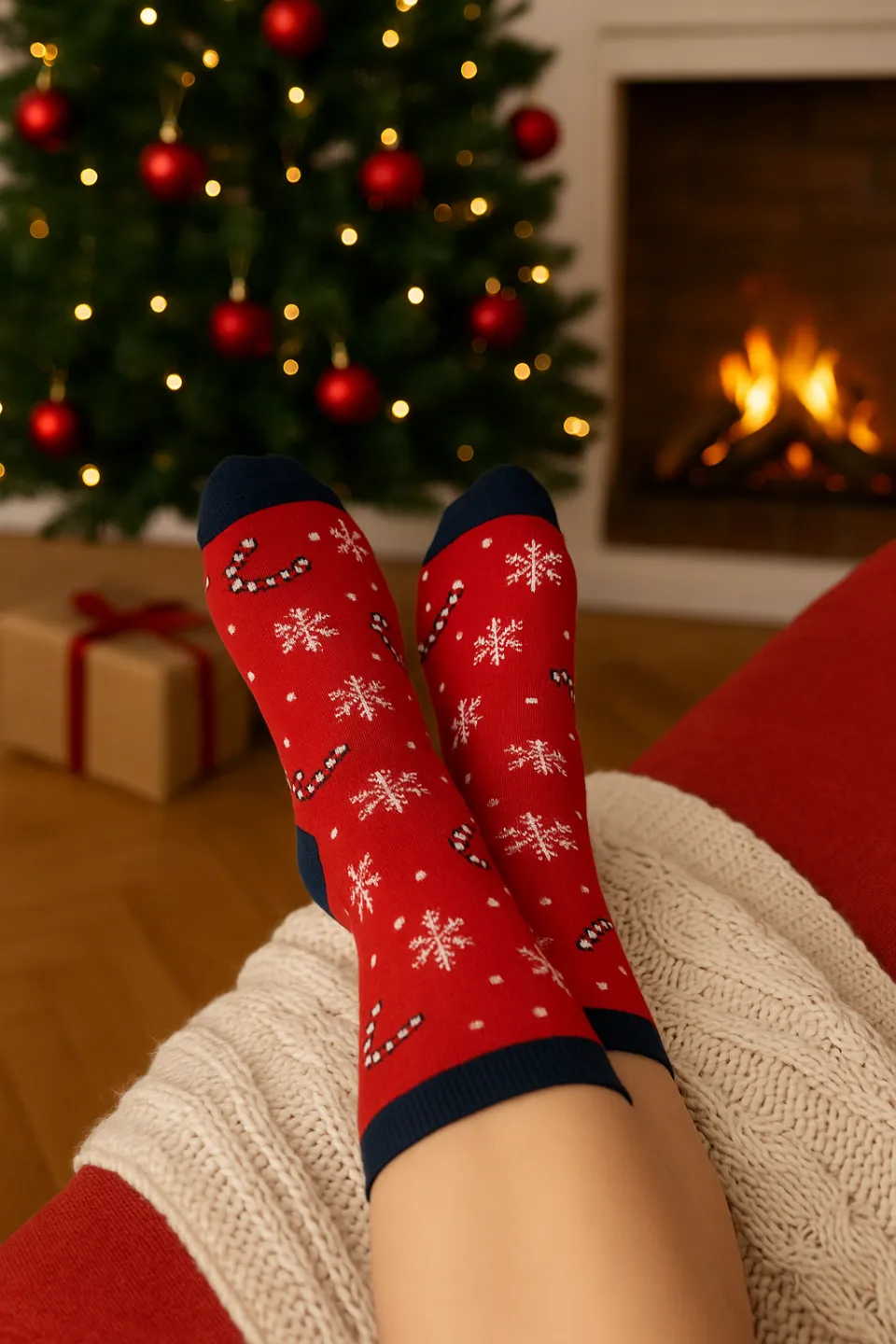 Set 2 perechi șosete lungi Crăciun damă – roșii cu fulgi de zăpadă & gri cu pinguini - 1