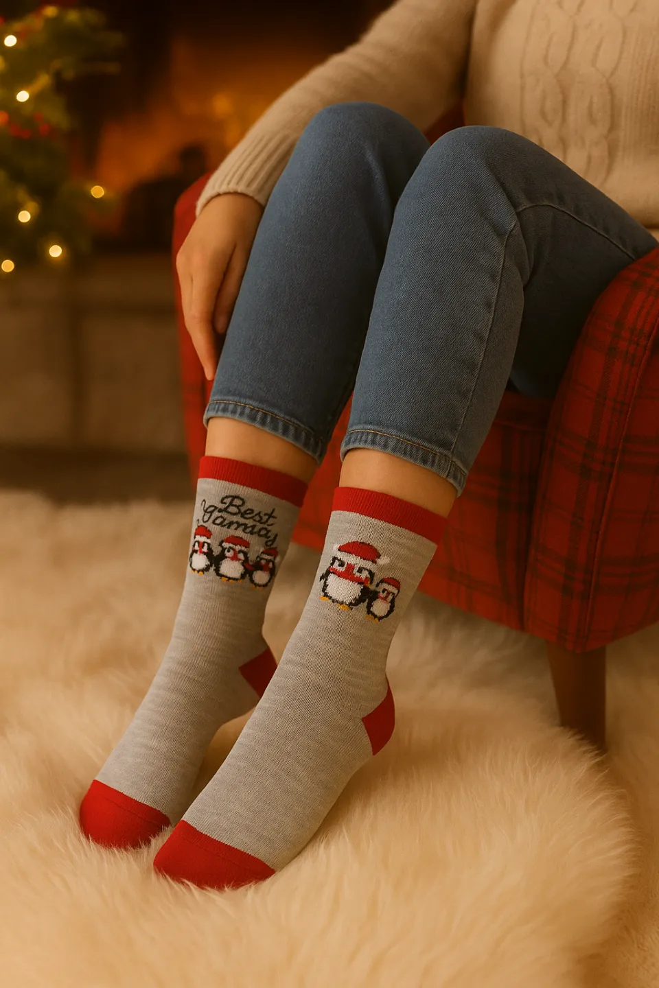 Set 2 perechi șosete lungi Crăciun damă – roșii cu fulgi de zăpadă & gri cu pinguini - 2