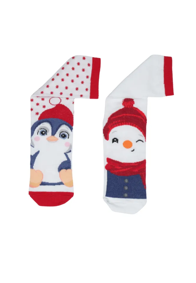 Set 2 perechi șosete lungi Crăciun damă – albe cu om de zăpadă & albe cu fulgi roșii și pinguini