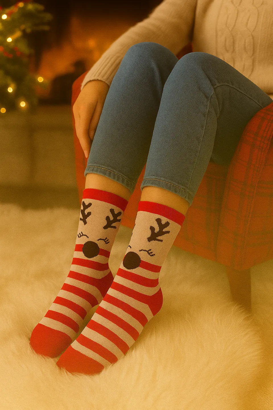 Set 2 perechi șosete lungi Crăciun damă – dungi rosii-crem cu ren & roșii cu fulgi de zăpadă - 1