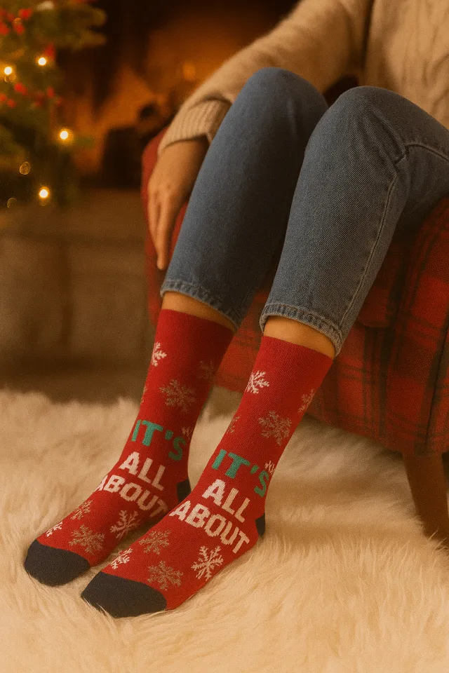 Set 2 perechi șosete lungi damă Crăciun „IT'S ALL ABOUT” și dungi aurii