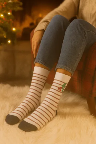 Set 2 perechi șosete lungi damă Crăciun „Best Wishes” și dungi aurii hover