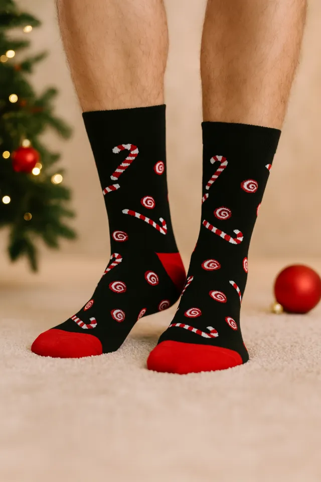 Șosete de Crăciun bărbați negre cu imprimeu acadele