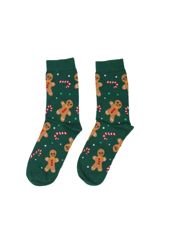 Șosete de Crăciun bărbați verzi cu imprimeu turtă dulce și acadele