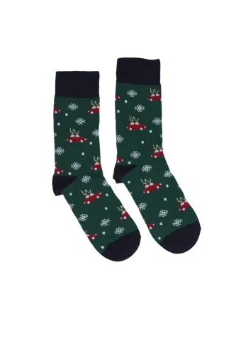 Șosete de Crăciun bărbați verzi cu imprimeu mașini și fulgi