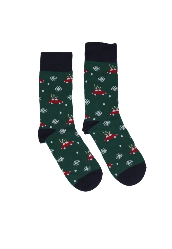 Șosete de Crăciun bărbați verzi cu imprimeu mașini și fulgi