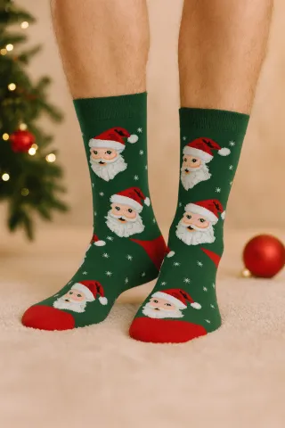 Șosete de Crăciun pentru bărbați cu Moș Crăciun – verzi cu detalii roșii