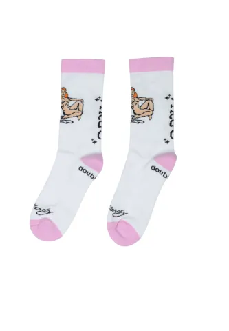 Șosete lungi pentru damă „Virgo” – albe cu detalii roz, talpă flaușată