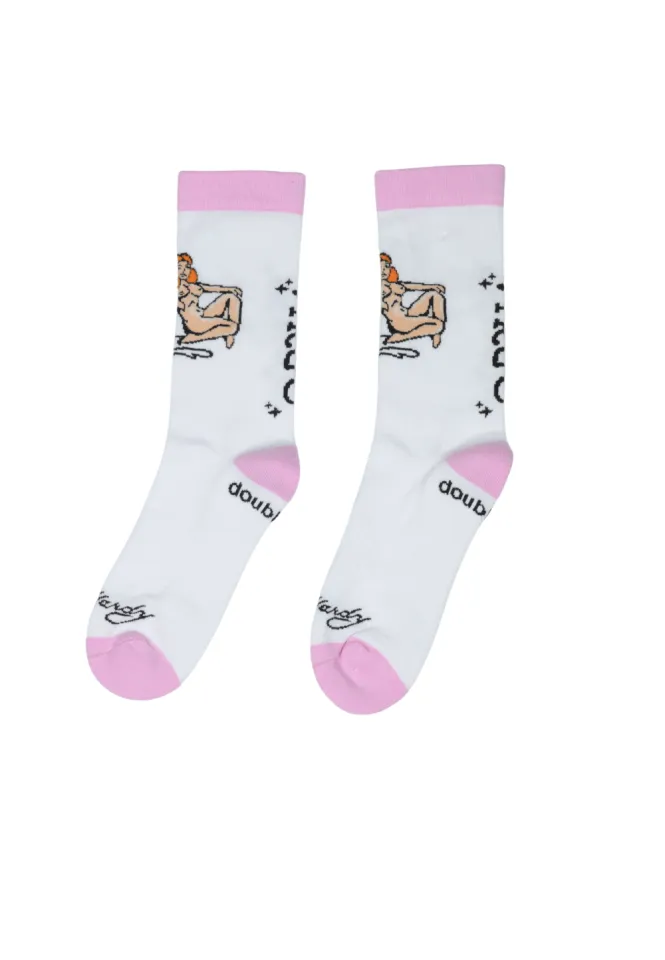 Șosete lungi pentru damă „Virgo” – albe cu detalii roz, talpă flaușată