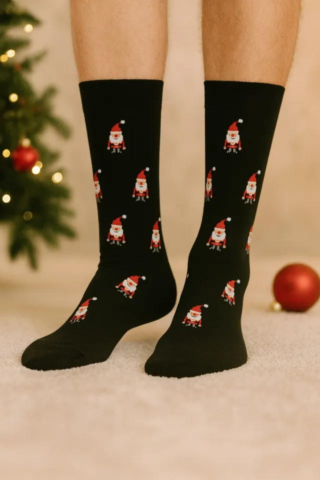Șosete lungi de Crăciun pentru bărbați – Moș Crăciun, fundal negru