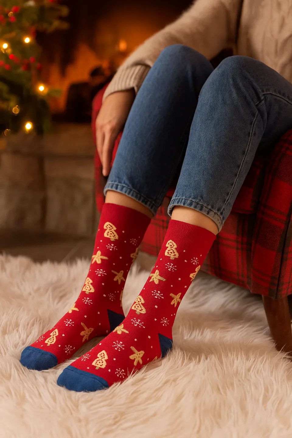 Șosete lungi de Crăciun unisex – imprimeu turtă dulce, fundal roșu - 1